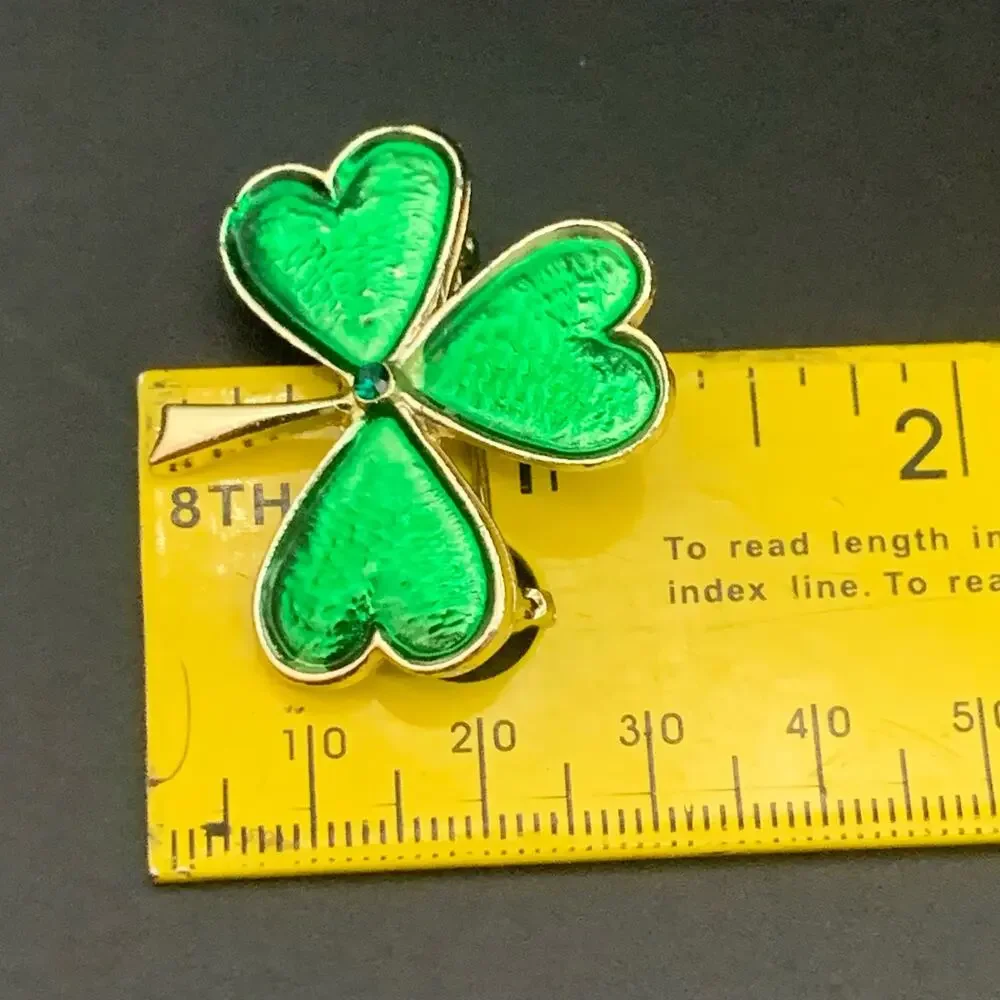 Vintage Shamrock Clover Rhinestone Brooch Pin - Picture 4 of 4